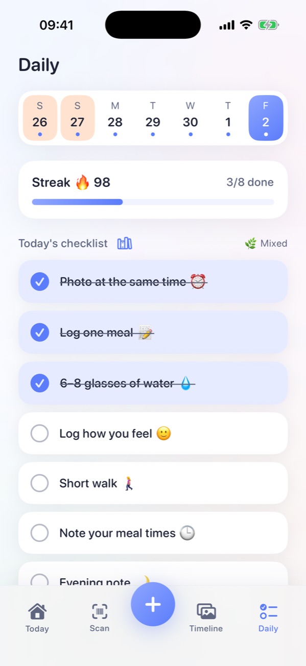 Tumlo's Daily screen: a 98-day streak and today's checklist.