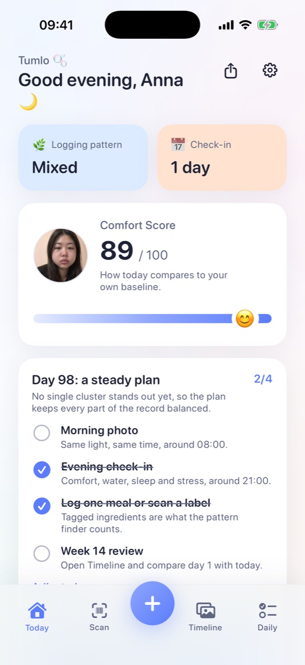Tumlo's Today screen: a Comfort Score of 89 out of 100 and the day's plan.